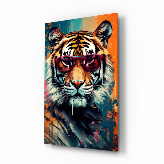 Cool tiger wearing burgundy sunglasses on teal and orange splatter glass wall art, angled three-quarter view.