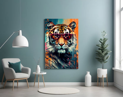 Teal And Orange Splatter Tiger Glass Wall Art