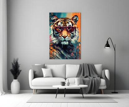Teal And Orange Splatter Tiger Glass Wall Art