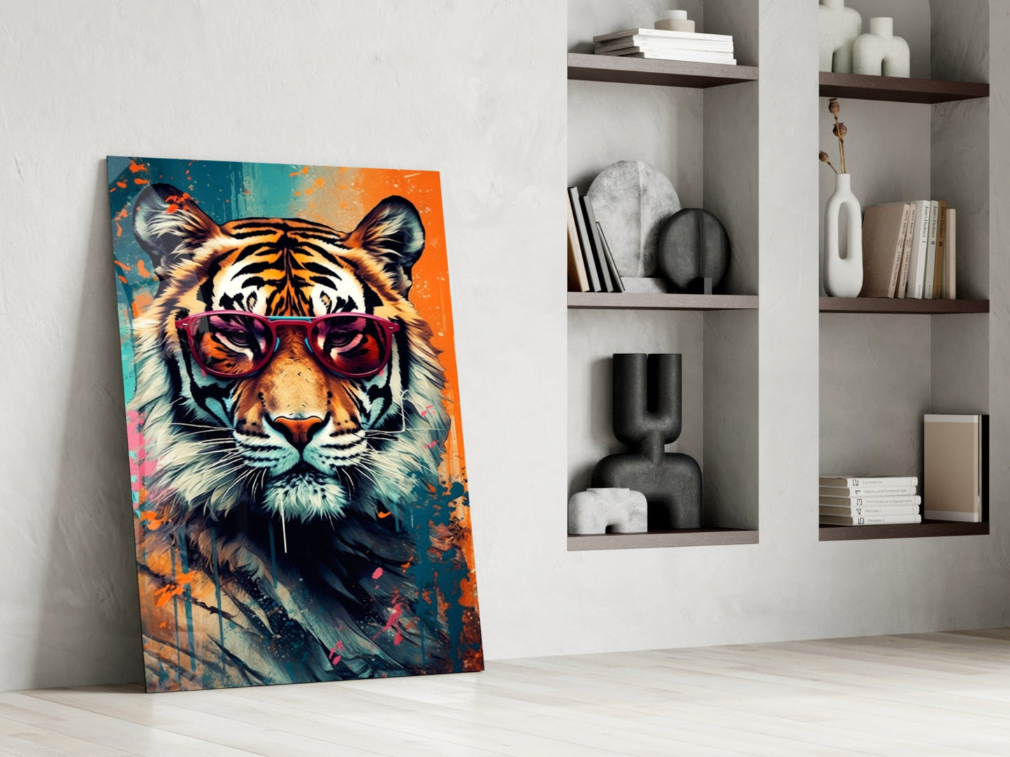Teal And Orange Splatter Tiger Glass Wall Art