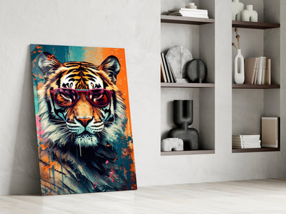 Teal And Orange Splatter Tiger Glass Wall Art