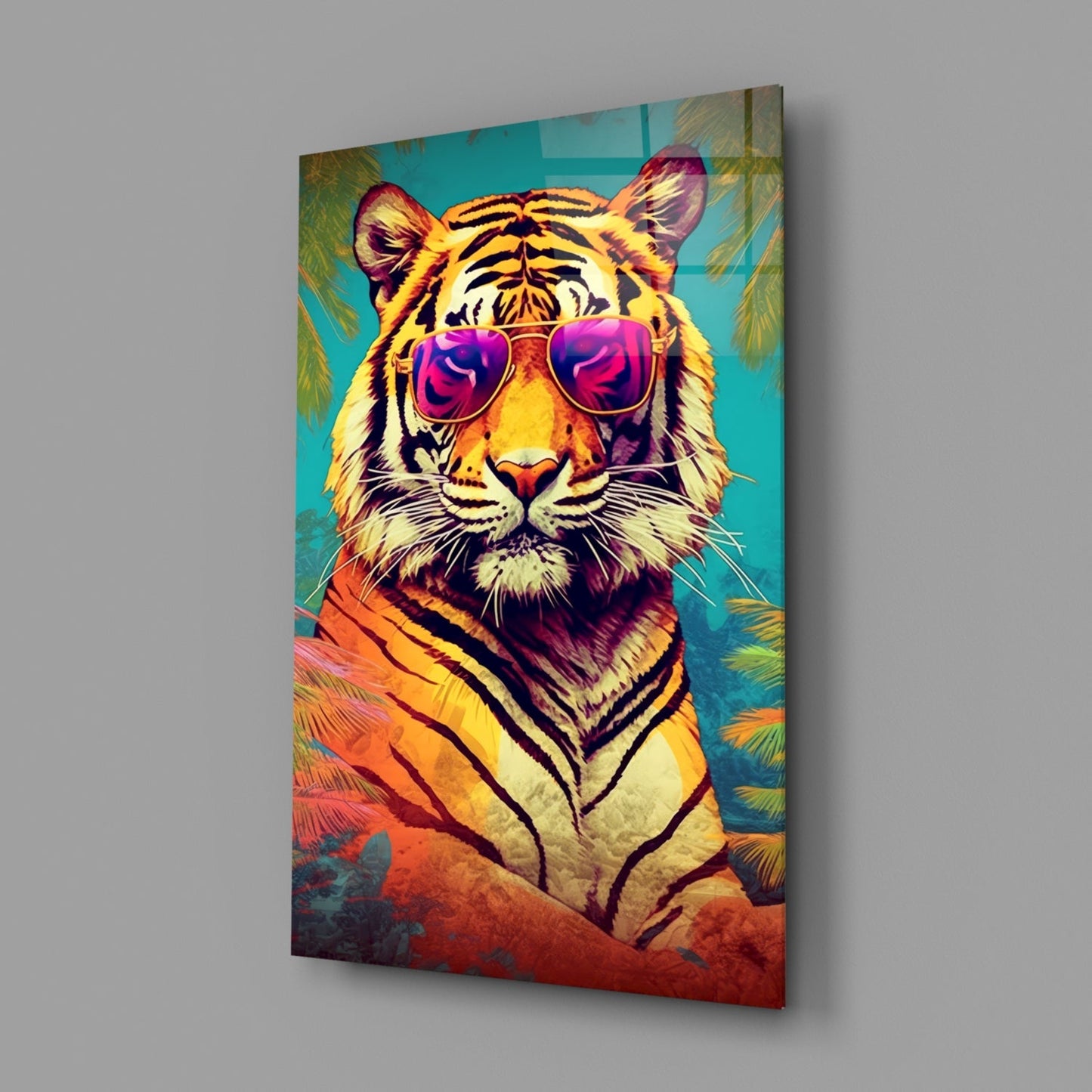 Tropical Palm Pink Shades Tiger Glass Wall Art