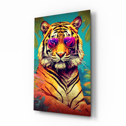 Tropical Palm Pink Shades Tiger Glass Wall Art