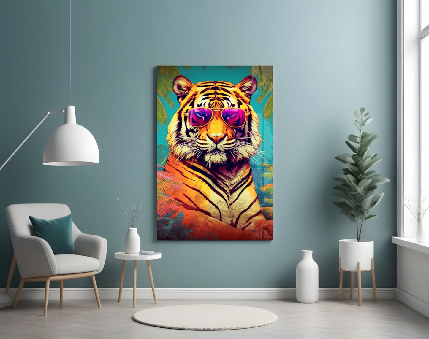 Tropical Palm Pink Shades Tiger Glass Wall Art