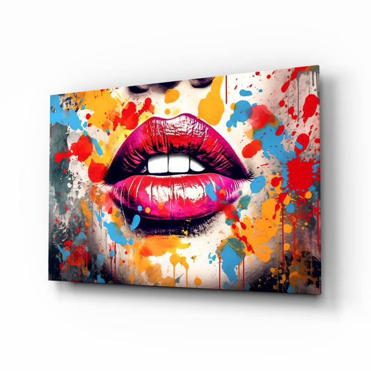 Red lip glass wall art displayed at an angle showing vibrant splattered paint in red, blue, yellow, and orange on a neutral background.