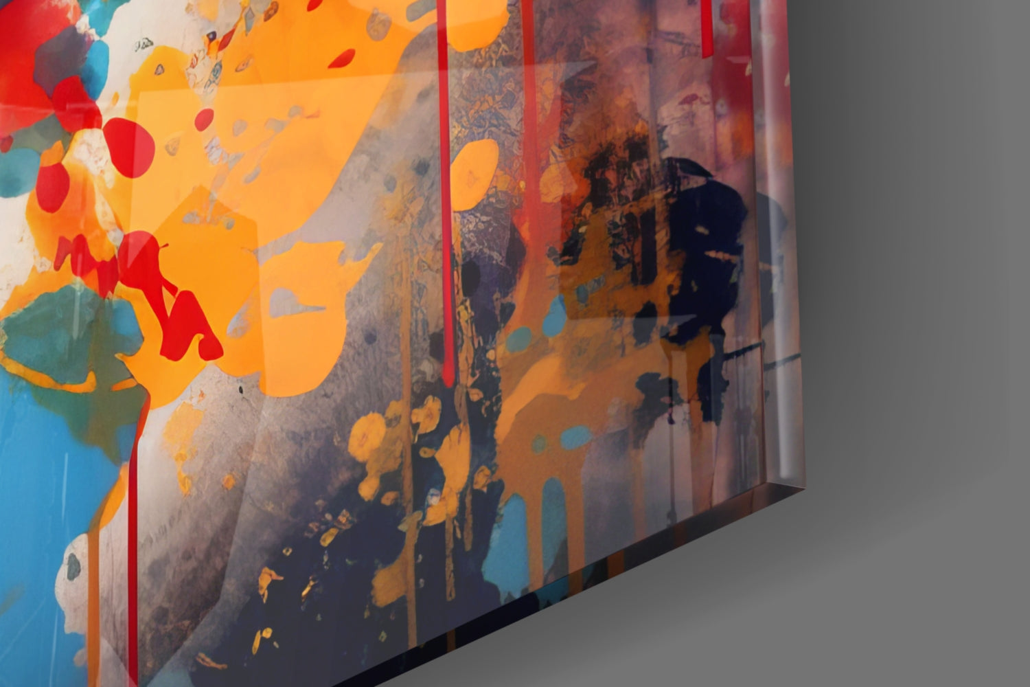 Close-up angled view of red lip glass wall art with orange, yellow, blue, and red abstract design featuring translucent glass panels.
