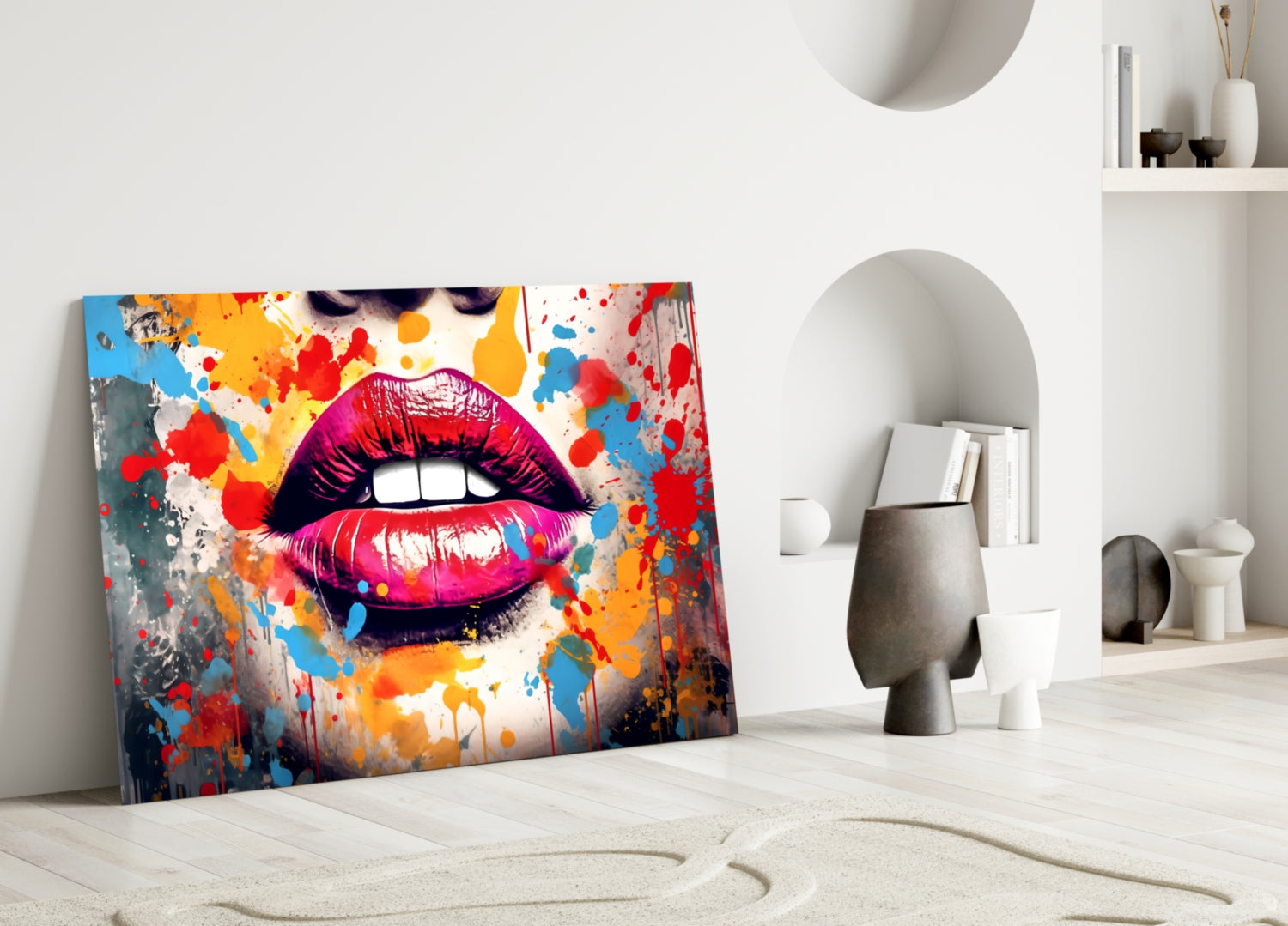 Vibrant pop art lip canvas leaning against white wall in minimalist interior with decorative objects and shelving.