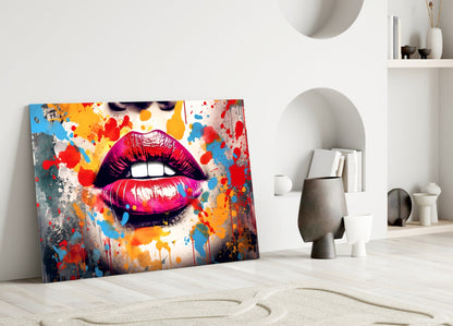 Vibrant pop art lip canvas leaning against white wall in minimalist interior with decorative objects and shelving.