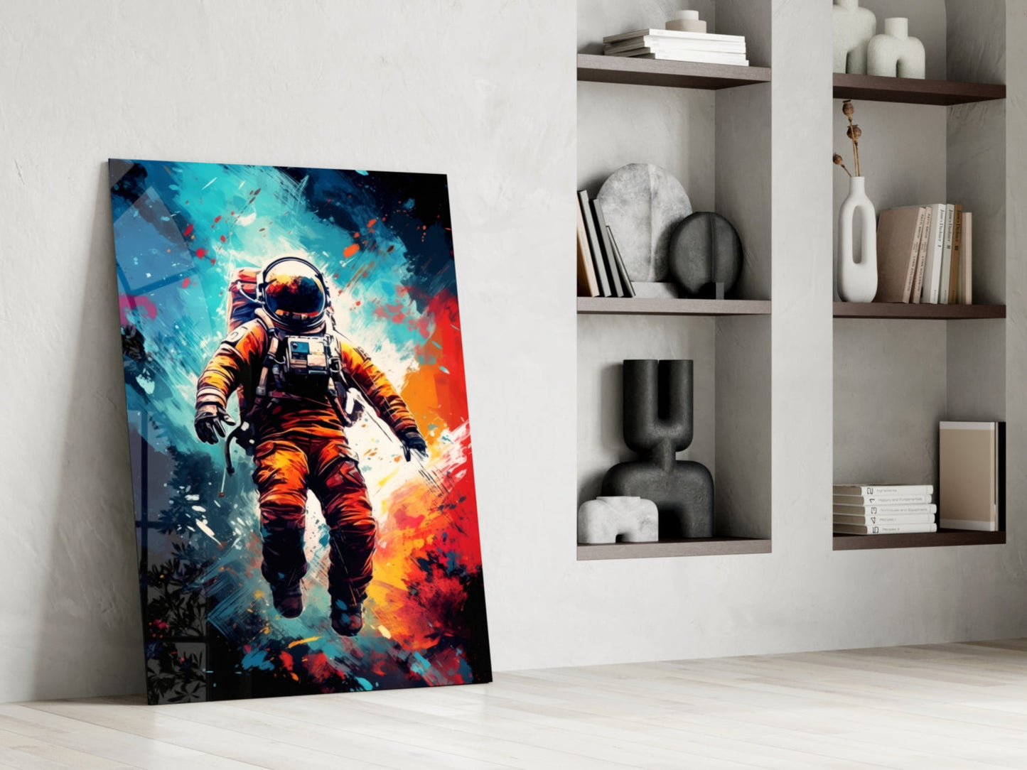 Orange Suit Painted Astronaut Glass Wall Art