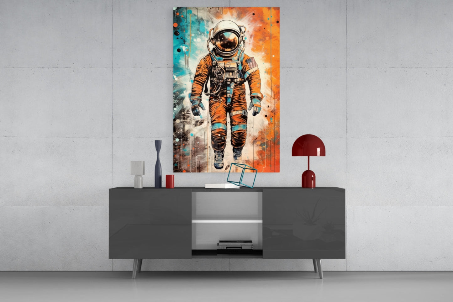 Comic Orange Astronaut Glass Wall Art