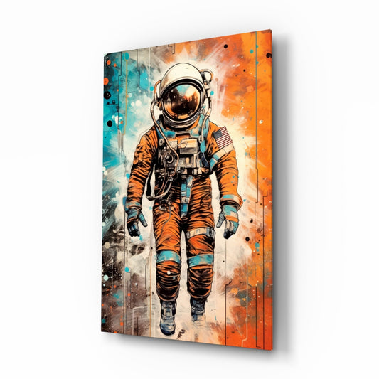 Angled perspective of wooden-paneled glass wall art depicting an astronaut in orange spacesuit against orange and turquoise watercolor background.