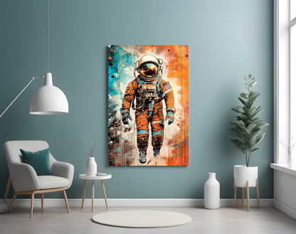 Comic Orange Astronaut Glass Wall Art