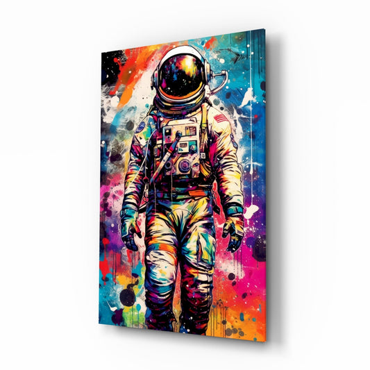 Angled perspective view of colorful pop art astronaut glass wall art with vibrant splashes of pink, blue, orange, and yellow paint effects on white background.