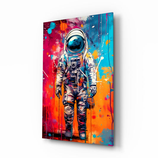 Angled side view of a glass wall art panel displaying a colorful astronaut figure holding a camera against vibrant red, orange, cyan, and magenta splattered background.