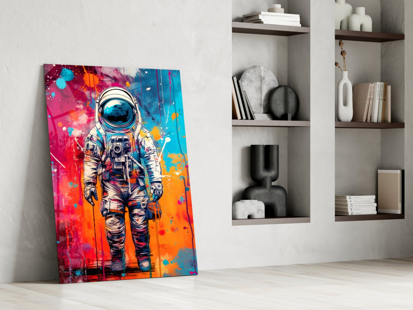 Camera Astronaut Color Drip Glass Wall Art