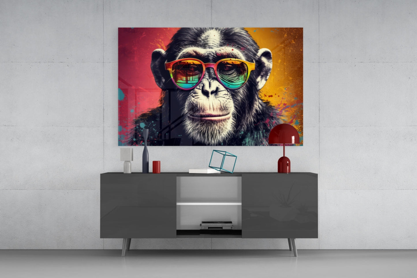 Red And Gold Split Splatter Chimp Glass Wall Art