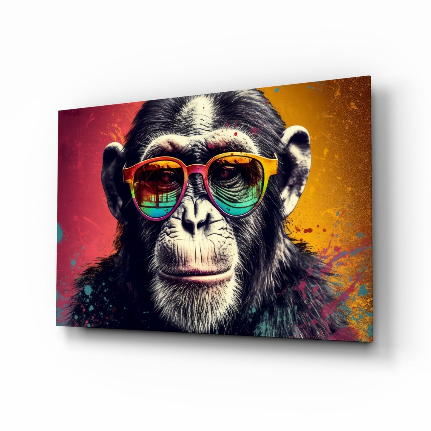 Red And Gold Split Splatter Chimp Glass Wall Art