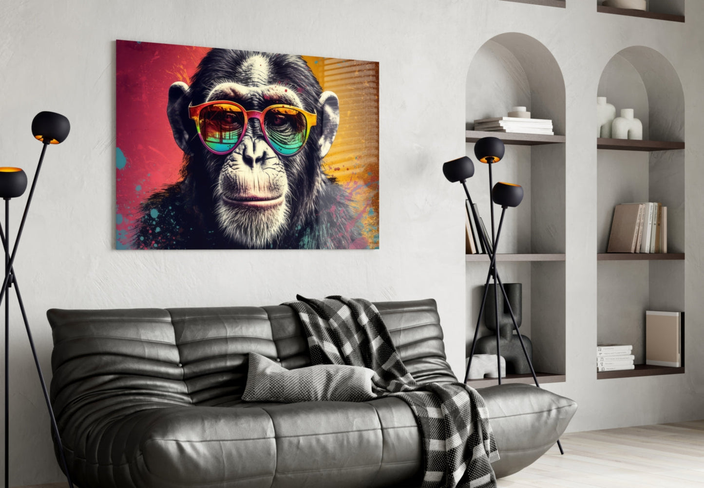 Red And Gold Split Splatter Chimp Glass Wall Art