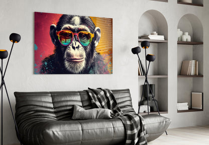 Red And Gold Split Splatter Chimp Glass Wall Art