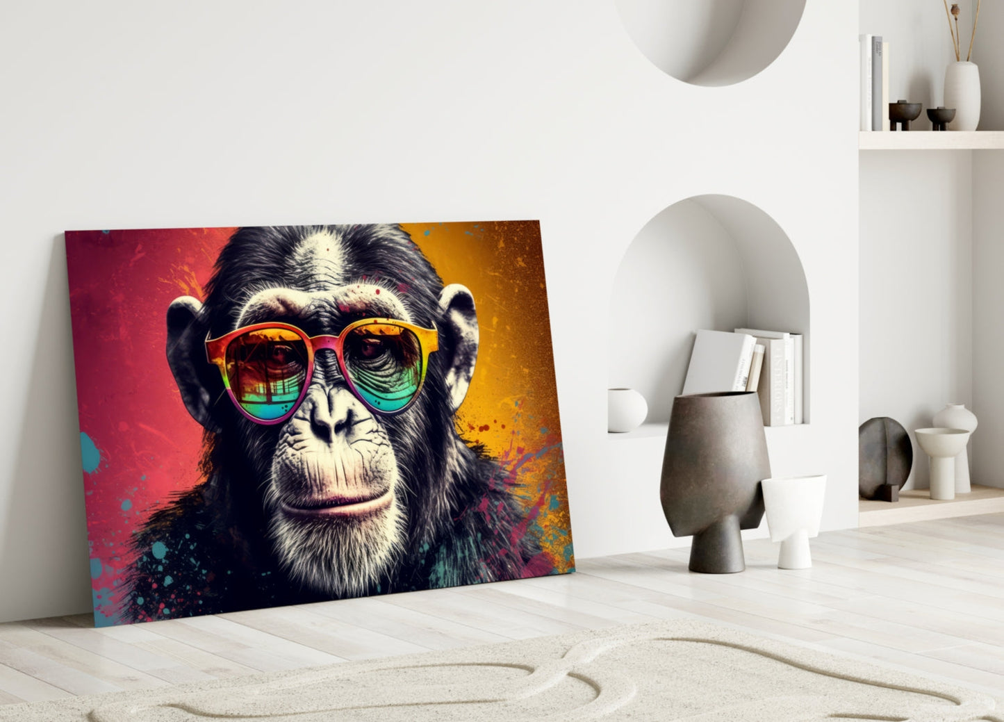 Red And Gold Split Splatter Chimp Glass Wall Art