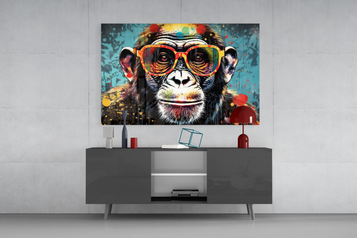 Turquoise Paint Drip Smiling Chimp Glass Wall Art