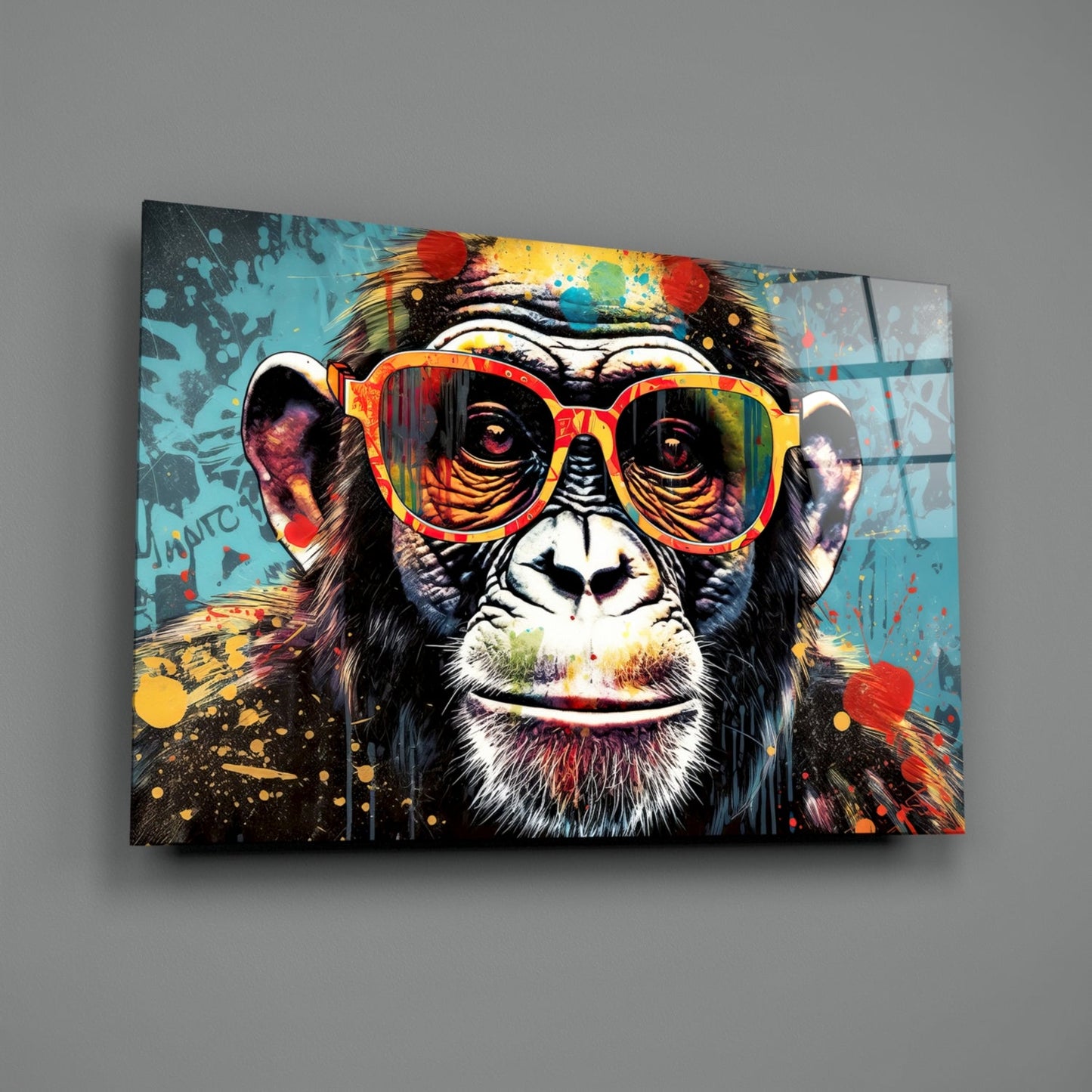 Turquoise Paint Drip Smiling Chimp Glass Wall Art