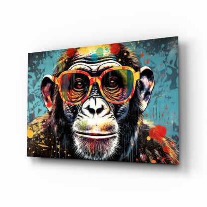 Turquoise Paint Drip Smiling Chimp Glass Wall Art