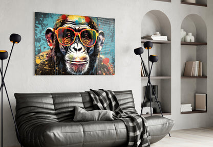 Turquoise Paint Drip Smiling Chimp Glass Wall Art