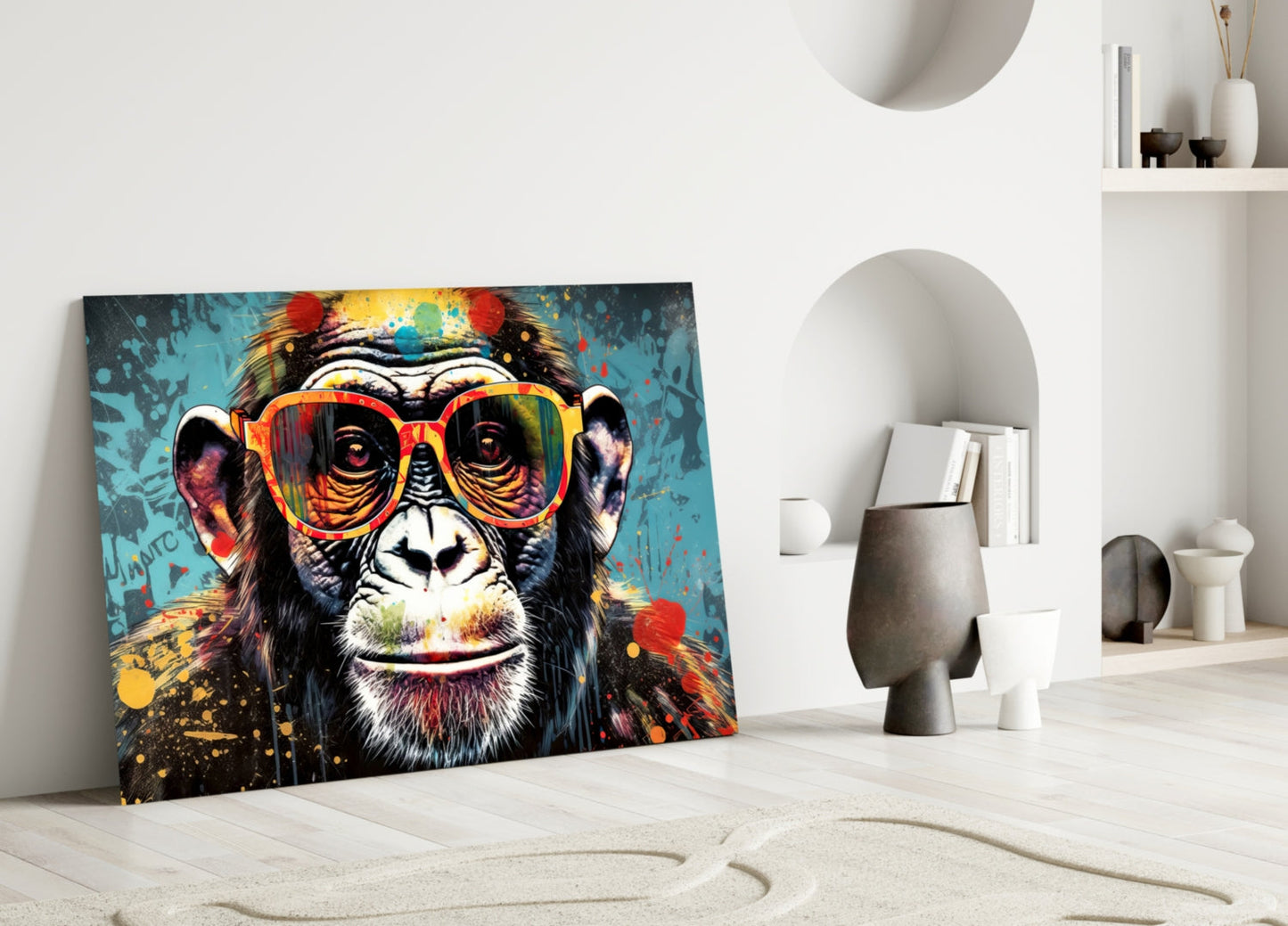 Turquoise Paint Drip Smiling Chimp Glass Wall Art