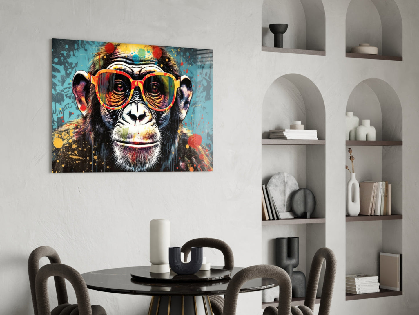 Turquoise Paint Drip Smiling Chimp Glass Wall Art