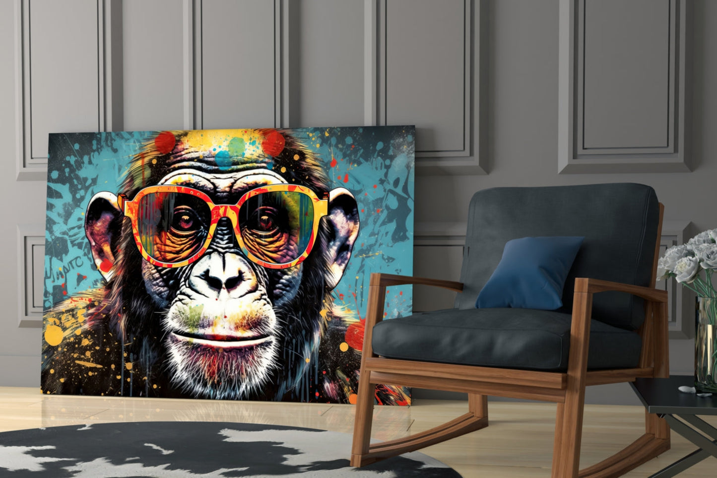 Turquoise Paint Drip Smiling Chimp Glass Wall Art