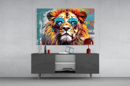 Silver Aviator Lion On Teal Glass Wall Art