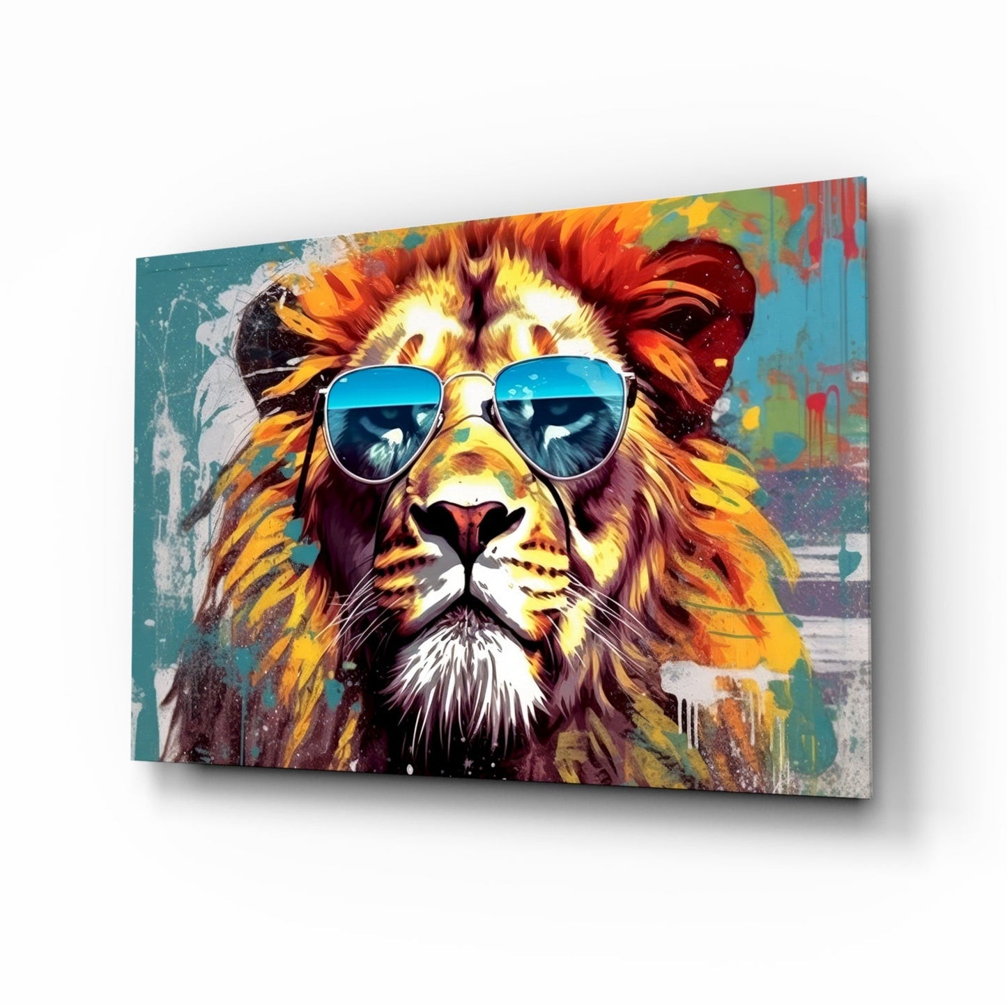 Silver Aviator Lion On Teal Glass Wall Art