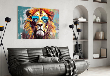Silver Aviator Lion On Teal Glass Wall Art