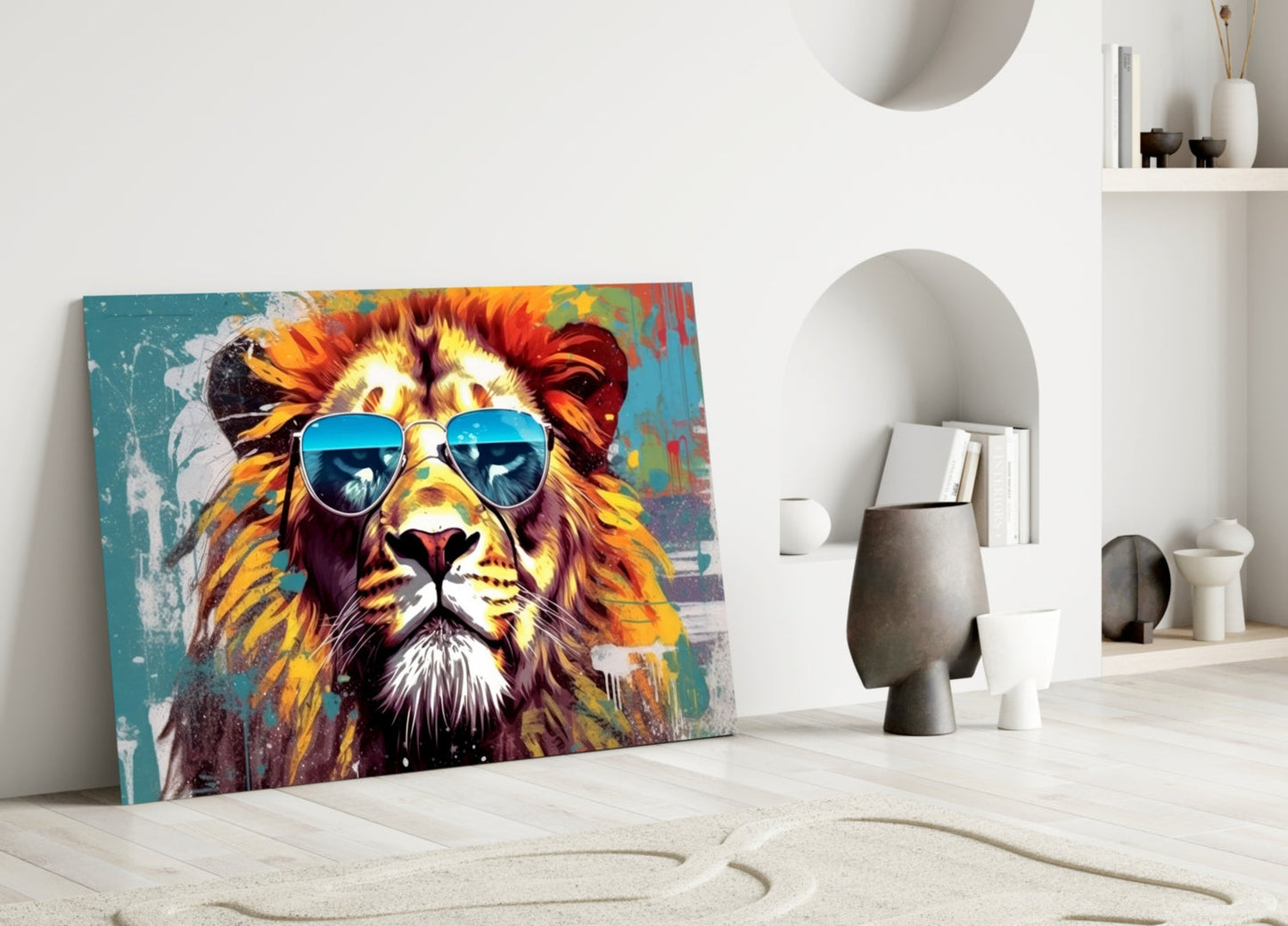 Silver Aviator Lion On Teal Glass Wall Art