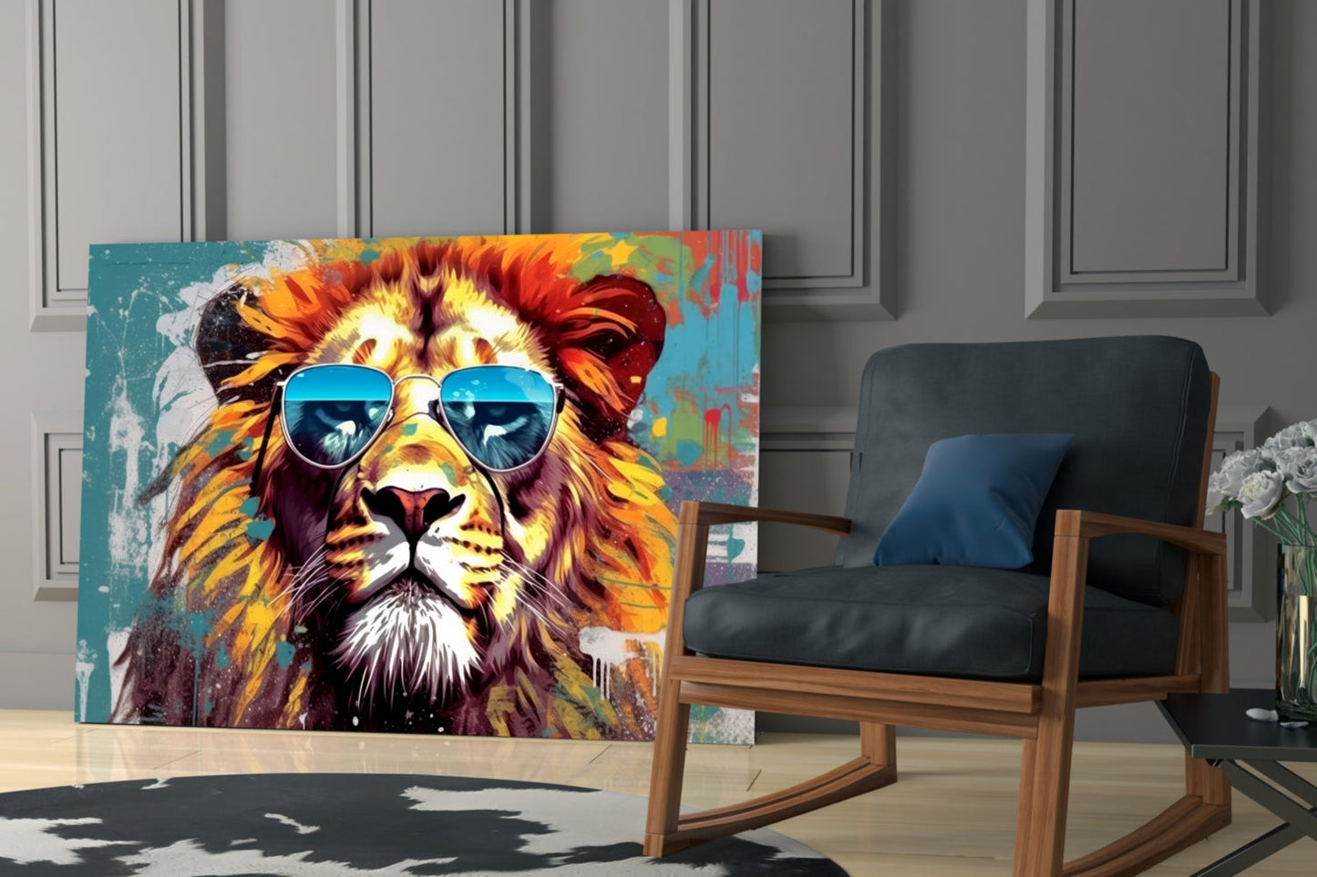 Silver Aviator Lion On Teal Glass Wall Art