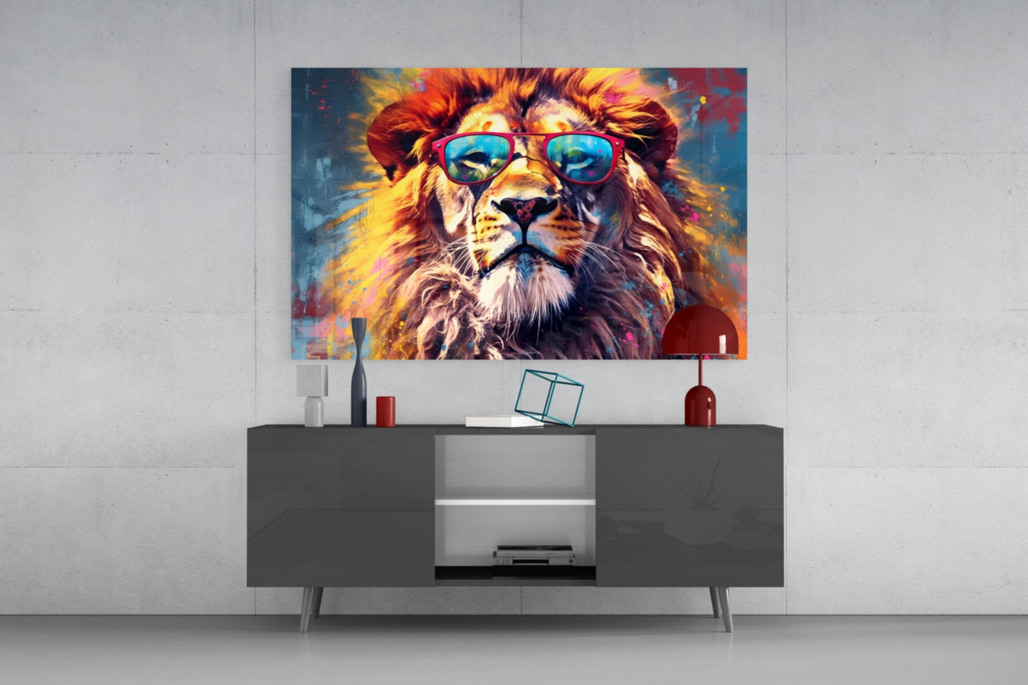 Red Frame Sunglasses Lion Glass Wall Art