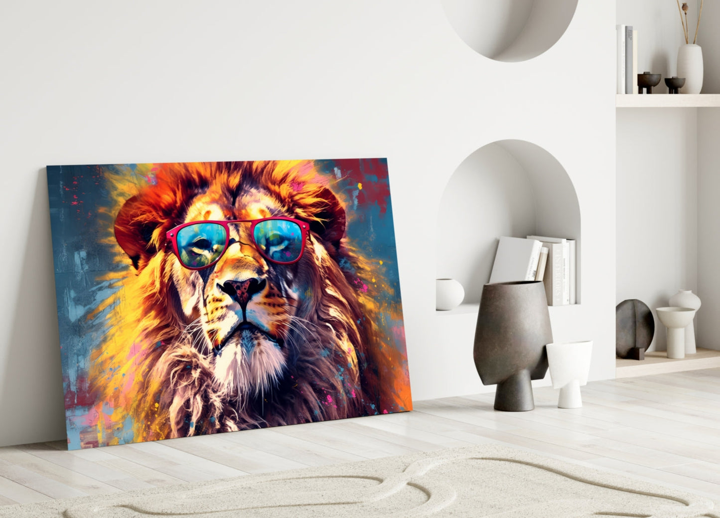 Red Frame Sunglasses Lion Glass Wall Art