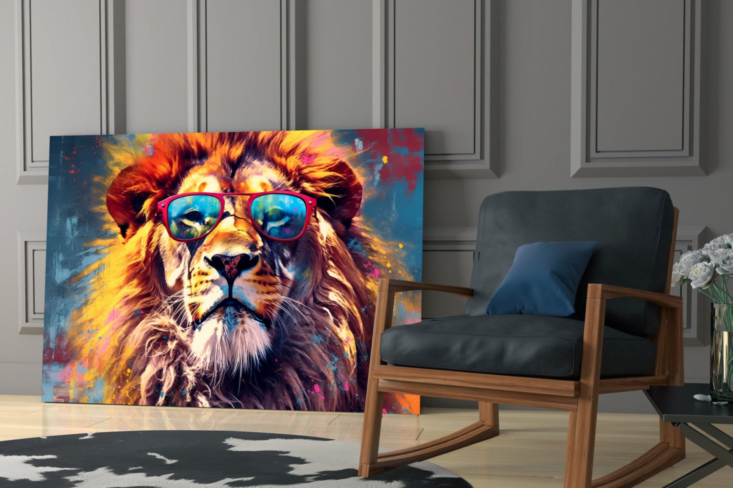 Red Frame Sunglasses Lion Glass Wall Art