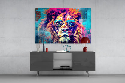 Gold Frame Turquoise Lion Glass Wall Art