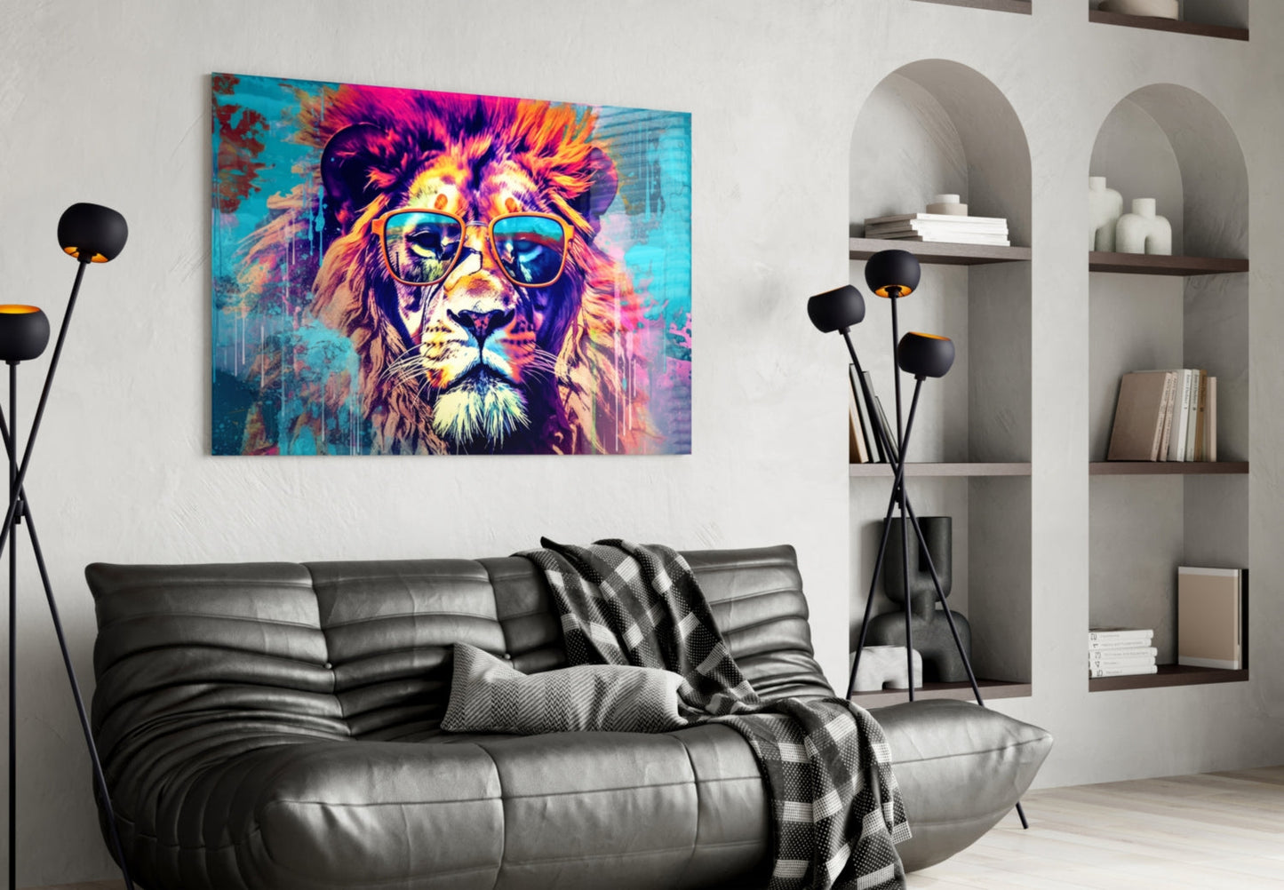 Gold Frame Turquoise Lion Glass Wall Art