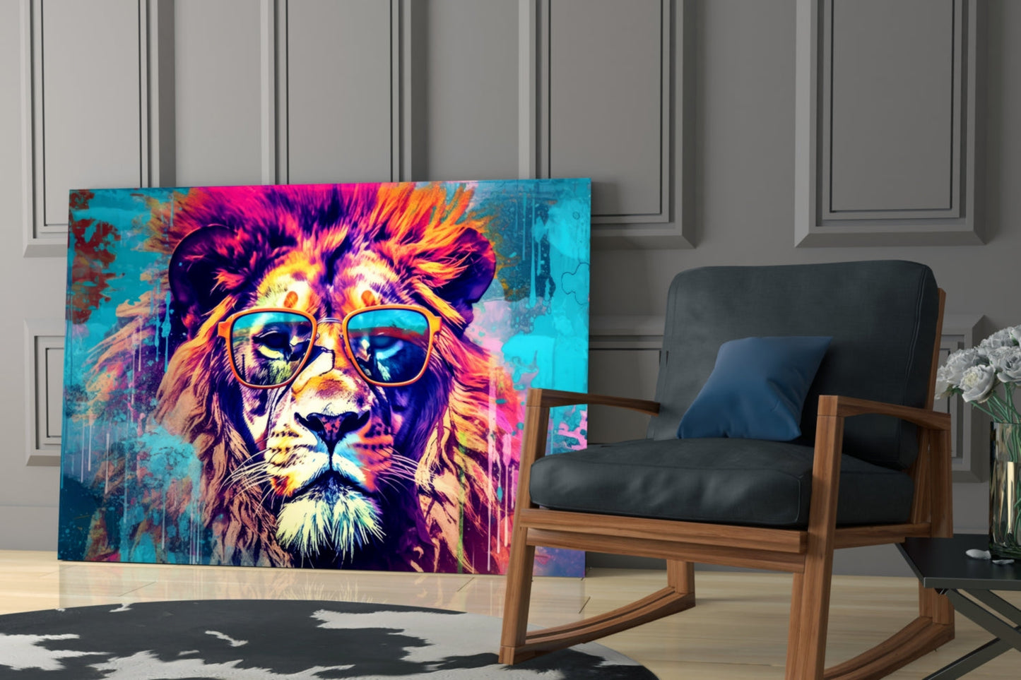 Gold Frame Turquoise Lion Glass Wall Art