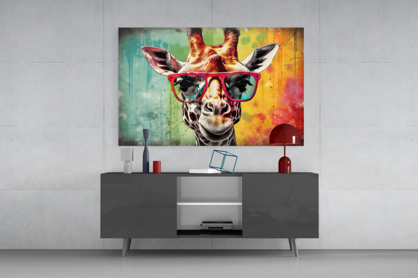Rainbow Drip Giraffe Red Shades Glass Wall Art