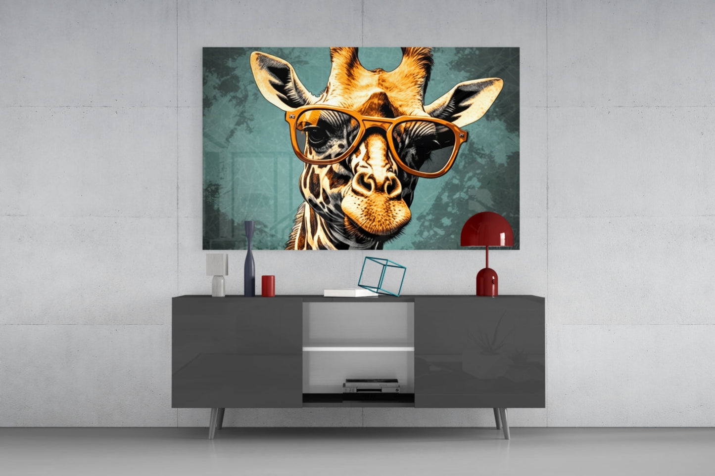 Golden Giraffe Amber Shades Teal Glass Wall Art