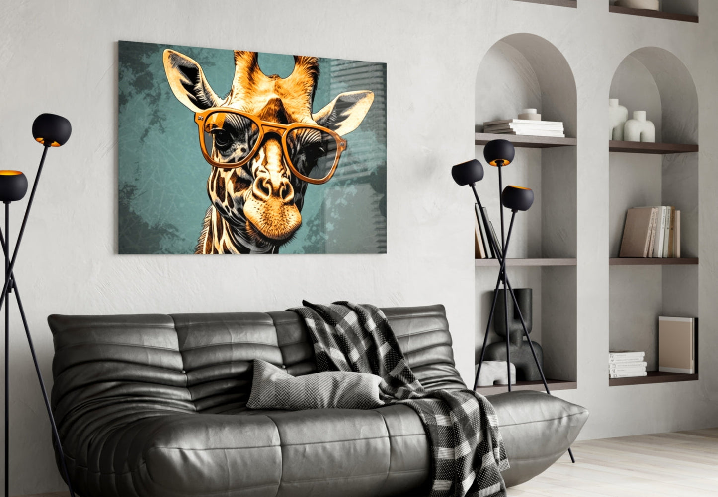 Golden Giraffe Amber Shades Teal Glass Wall Art
