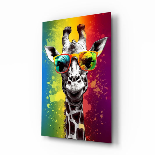 A giraffe wearing colorful rainbow sunglasses against a vibrant gradient background on a glass wall panel, displayed at an angled perspective.