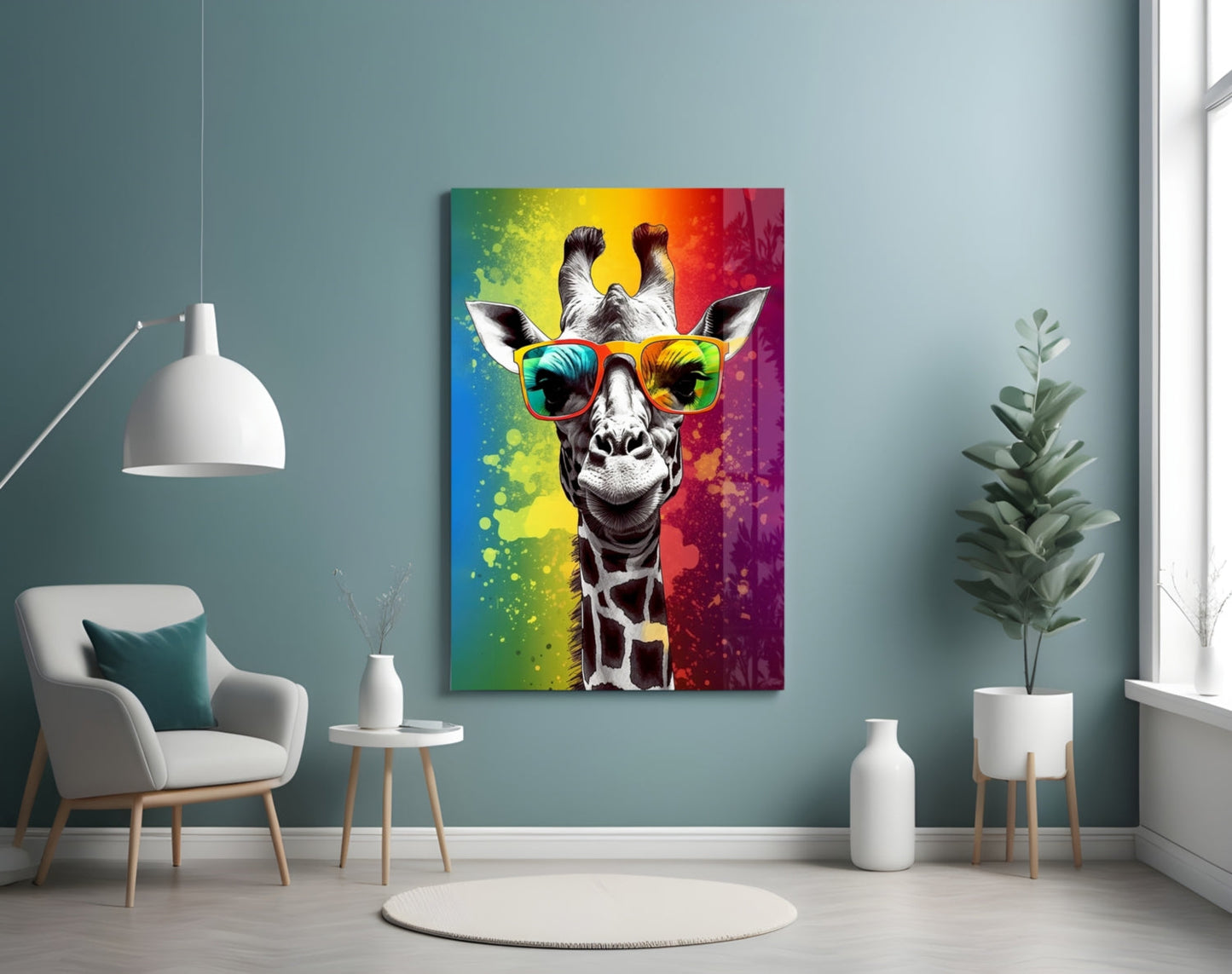 Rainbow Stripe Giraffe Glass Wall Art