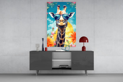 Aviator Giraffe Sky and Flowers Glass Wall Art