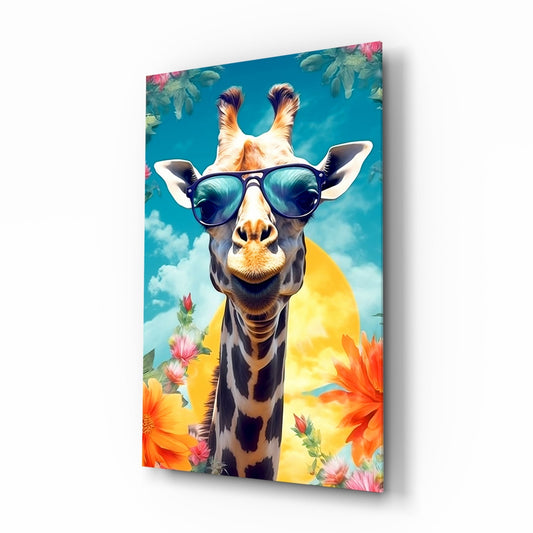 Glass wall art panel featuring a giraffe wearing sunglasses against blue sky with colorful flowers and yellow background.
