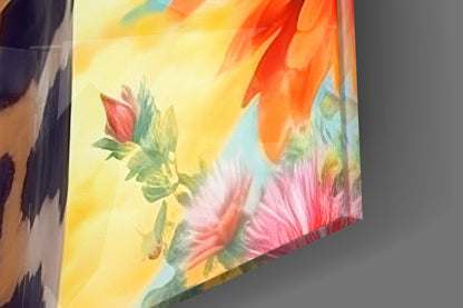 Aviator Giraffe Sky and Flowers Glass Wall Art